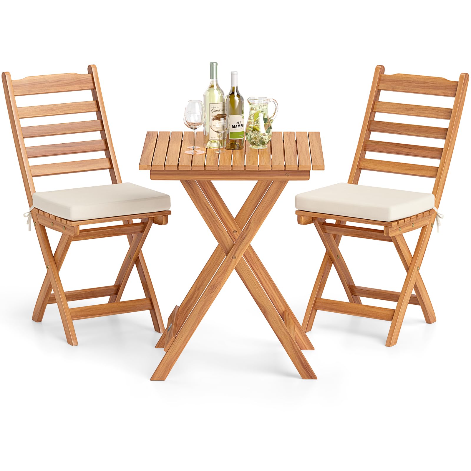 Tangkula Outdoor Wood Bistro Set Folding Chair Table Set